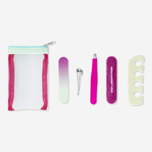 Flying Tiger Copenhagen compact manicure and pedicure set with 5 personal care tools, including clippers, files, and cuticle pushers.
