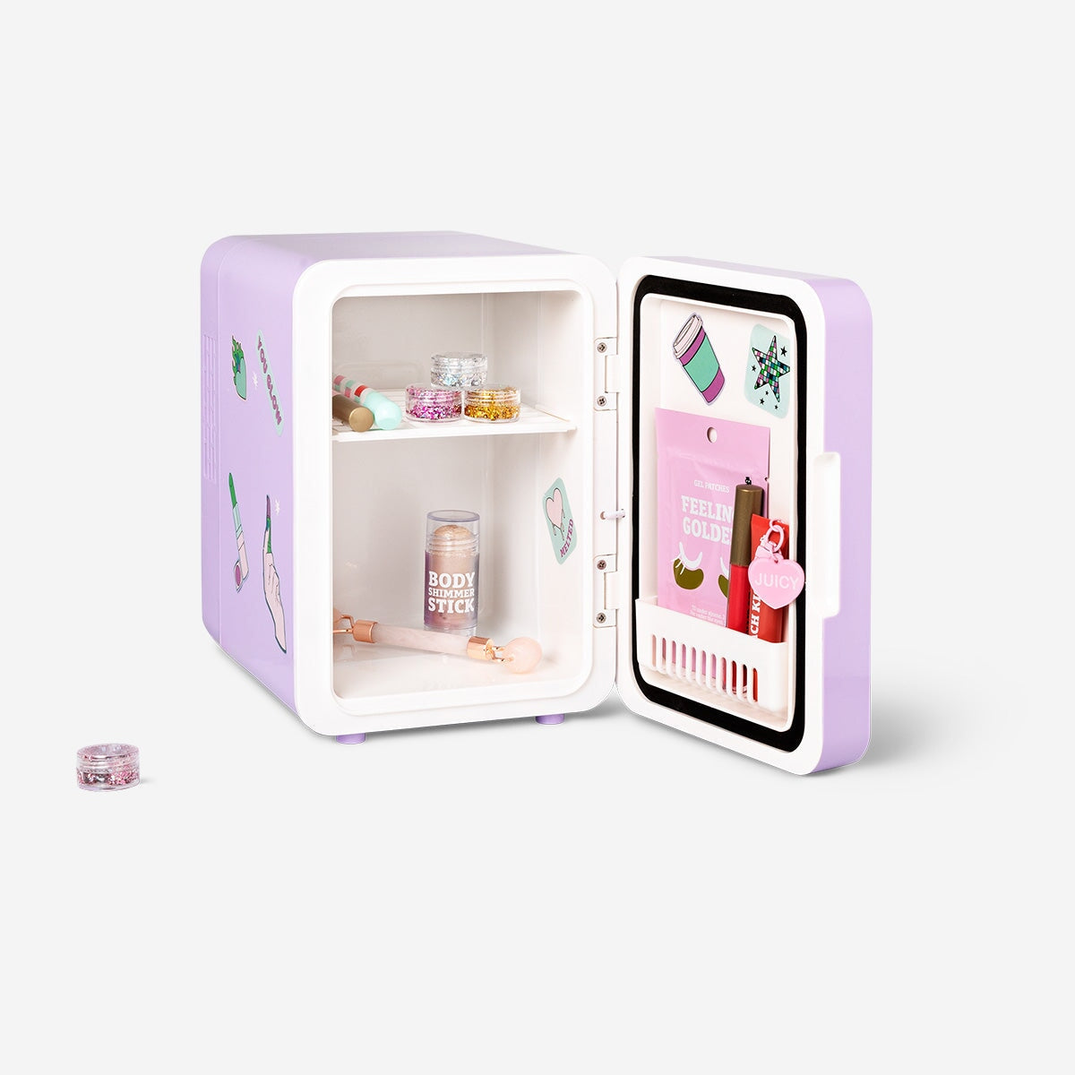 Cosmetics Fridge with Stickers – Compact Silver Beauty Cooler