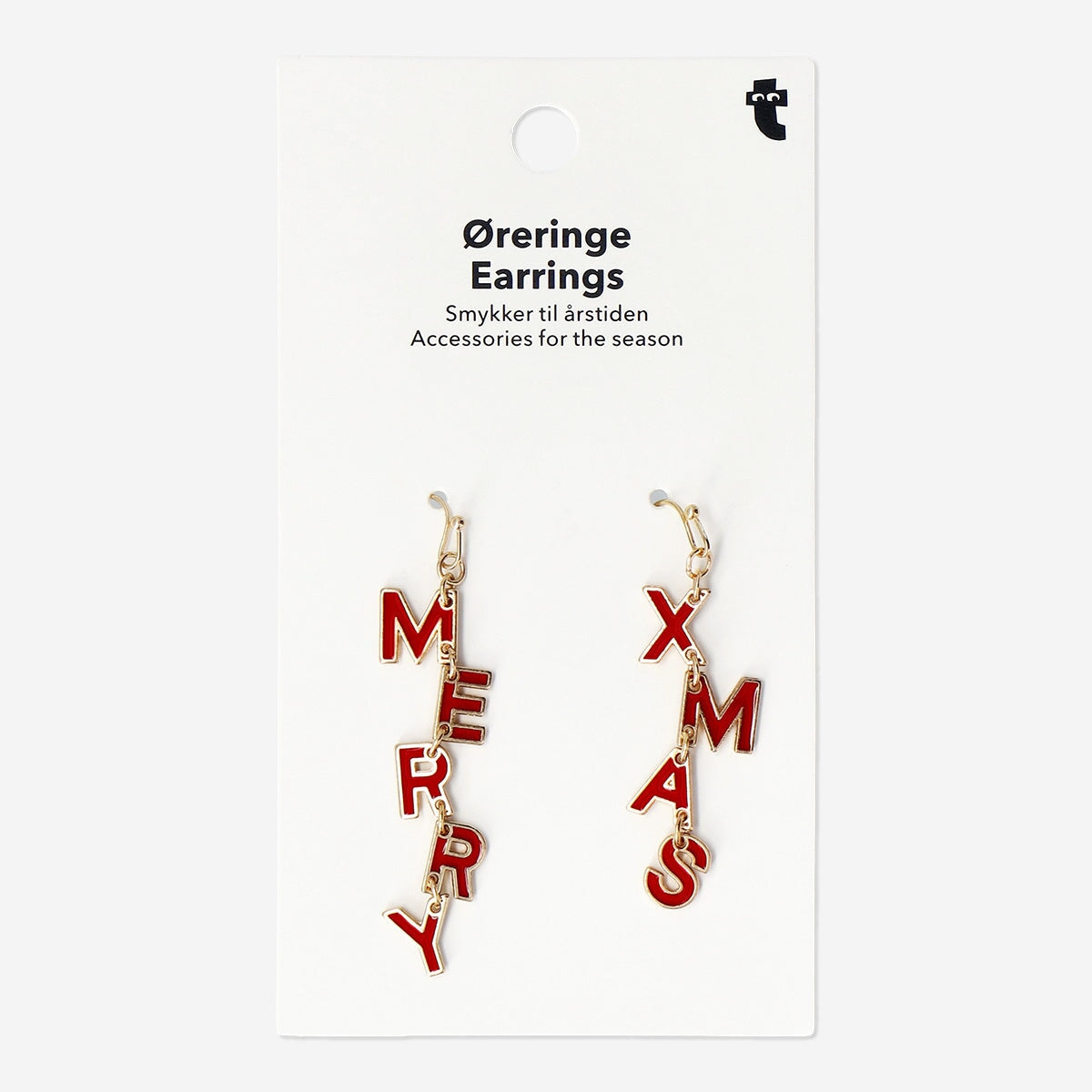 Flying Tiger Copenhagen Christmas dangling earrings with festive merry Christmas design, perfect for holiday accessories.
