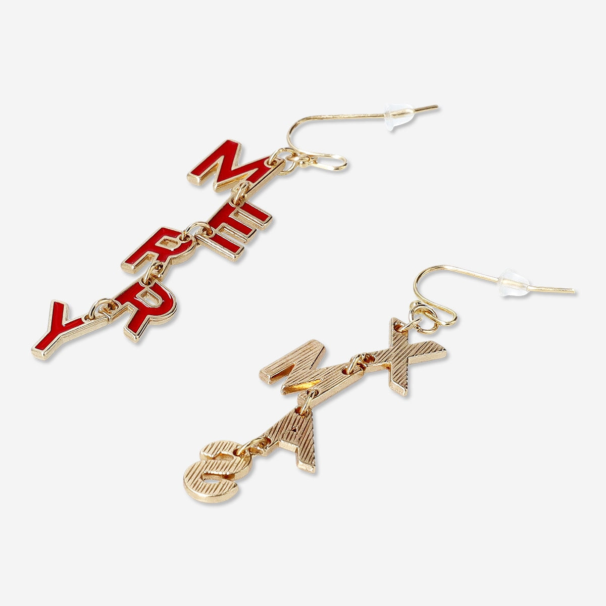 Flying Tiger Copenhagen dangling Christmas earrings with festive "Merry Christmas" charms for holiday accessories.