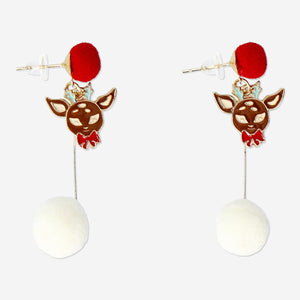 Flying Tiger Copenhagen dangling earrings with reindeer and pom-pom charms, festive jewelry accessory for holiday wear.