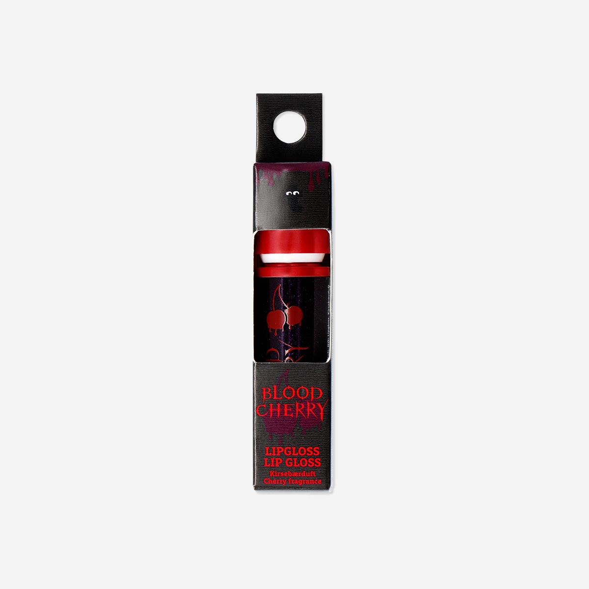 Flying Tiger Copenhagen cherry scented lip gloss with blood-red color, personal care product, glossy finish, and cherry fragrance.