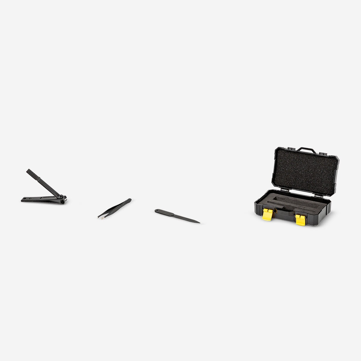 Flying Tiger Copenhagen 3-piece manicure set in a compact toolbox with nail clippers, scissors, and tweezers for personal care.
