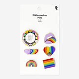 Set of six multicolored rainbow-themed textile brooch pins from Flying Tiger Copenhagen, featuring vibrant metal designs.