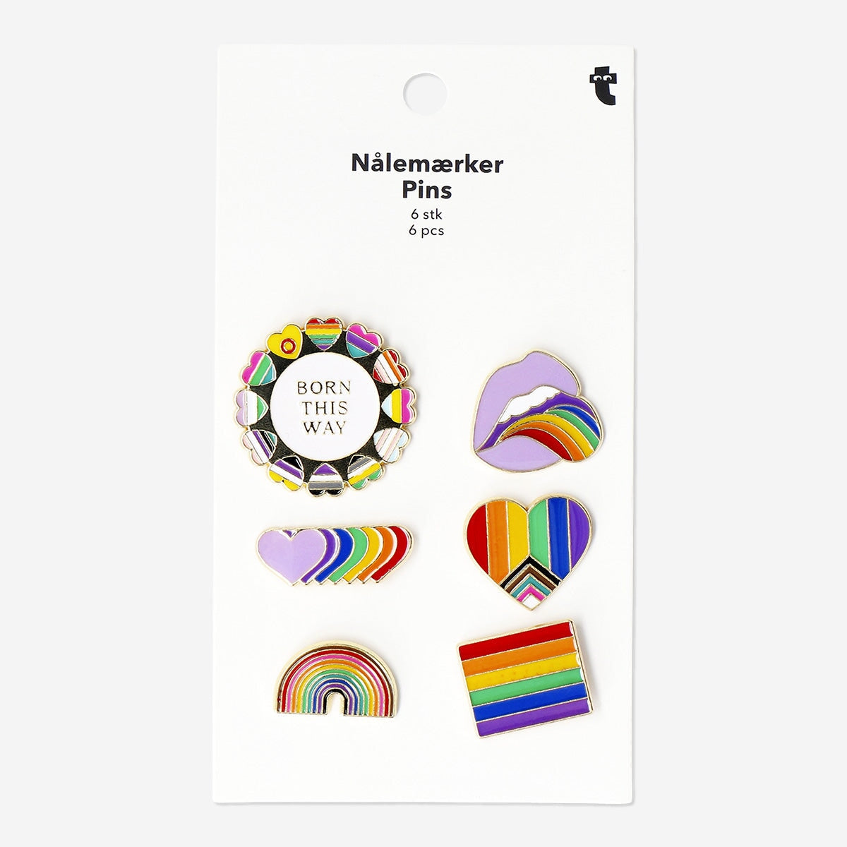 Set of six multicolored rainbow-themed textile brooch pins from Flying Tiger Copenhagen, featuring vibrant metal designs.