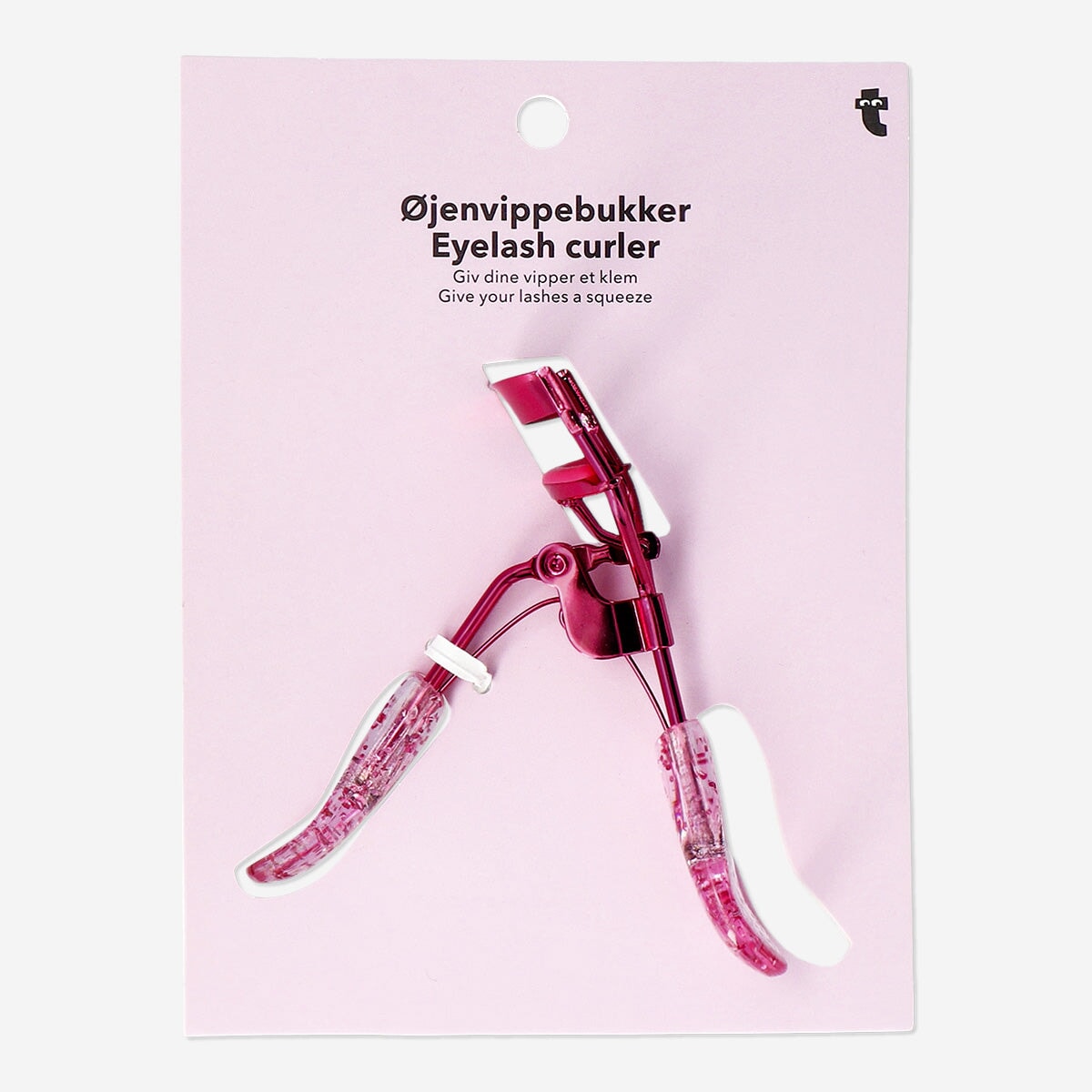 Pink glitter eyelash curler from Flying Tiger Copenhagen, a personal care tool for curling eyelashes with a shiny, decorative finish.