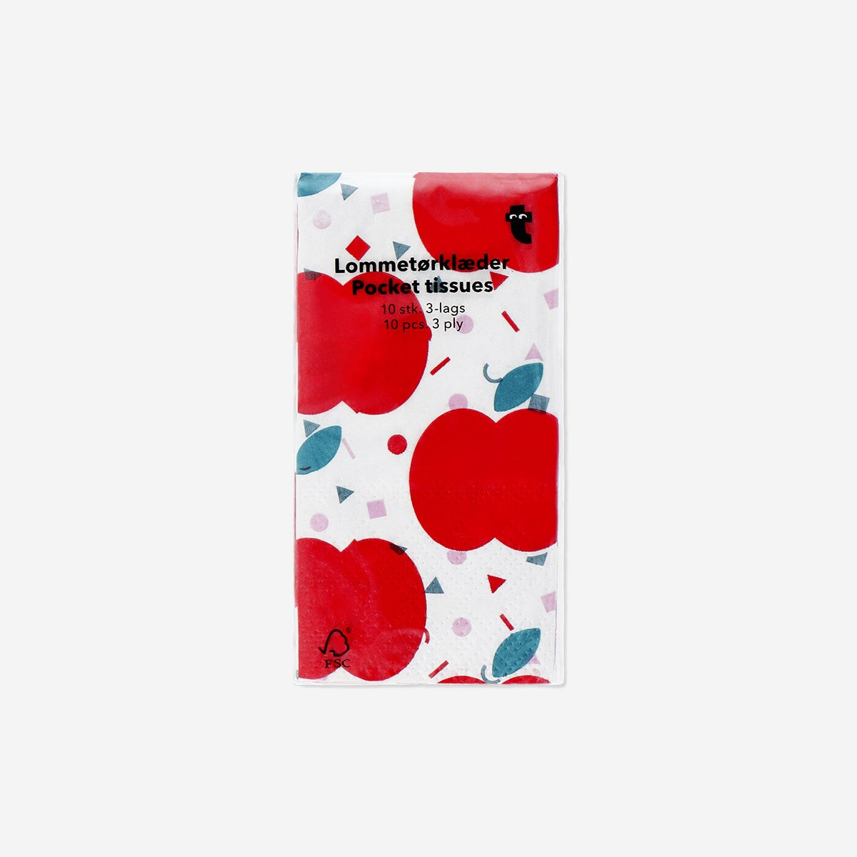 Pack of 10 Flying Tiger Copenhagen tissues with a colorful apple design, perfect for personal care and everyday use.