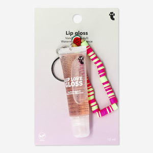 Flying Tiger Copenhagen watermelon-scented lip gloss with a vibrant wristband, featuring shiny, colorful packaging and a smooth applicator.