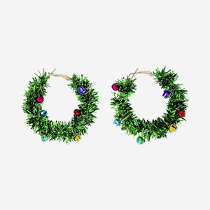 Green tinsel hoop earrings made of textile, featuring festive Christmas design, from Flying Tiger Copenhagen.