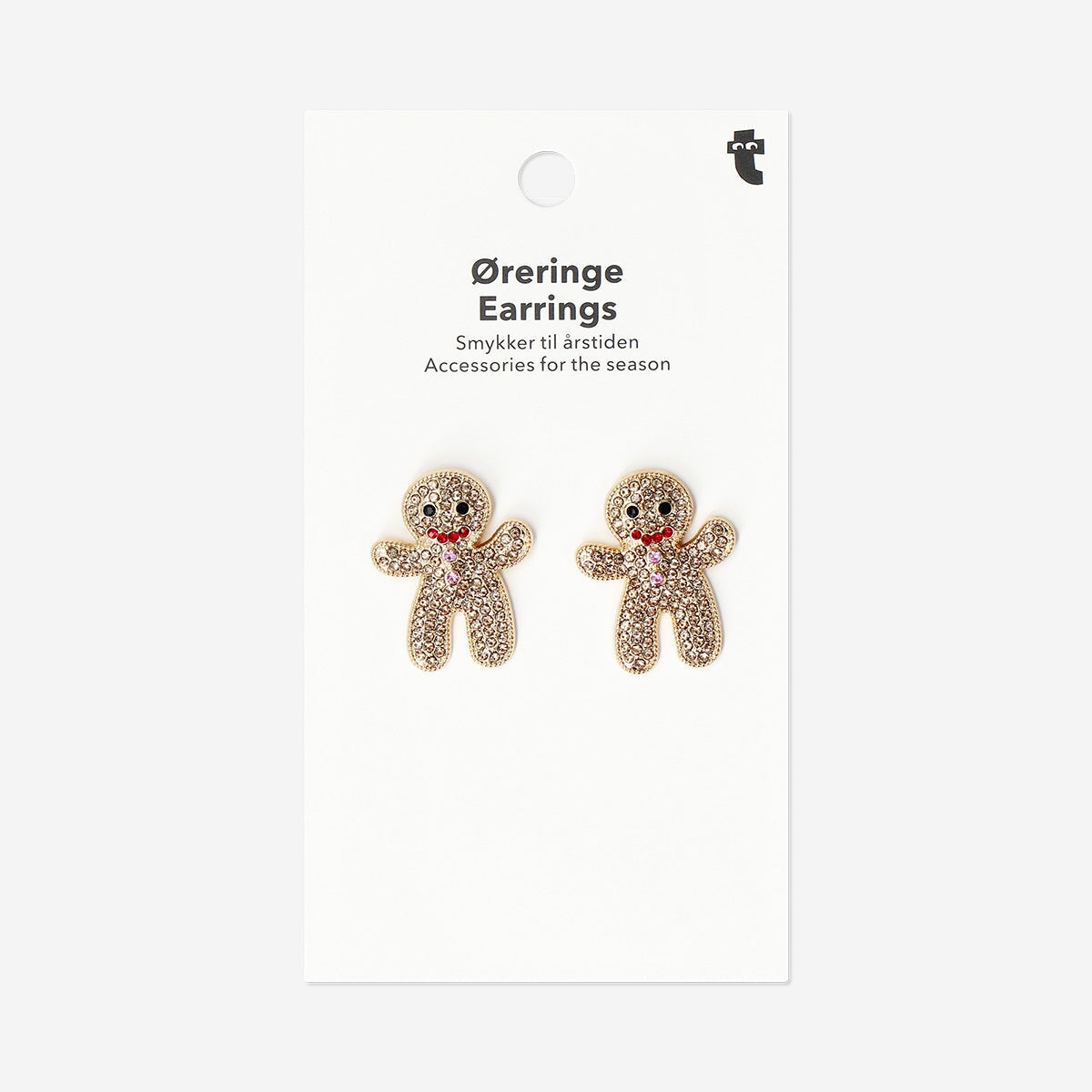 Flying Tiger Copenhagen Christmas earrings featuring rhinestone-embellished gingerbread men textile earrings.