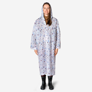 Adult floral rain coat by Flying Tiger Copenhagen, lightweight textile with matching pouch, size L/XL, suitable for rainy weather.