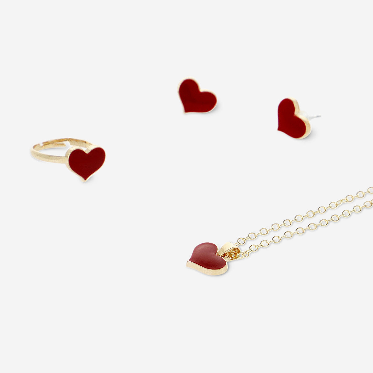 Gold jewellery set with red hearts - 3 pcs