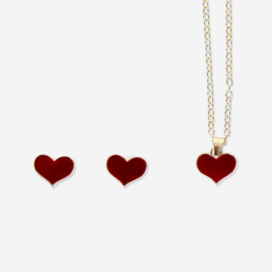 Gold jewellery set with red hearts - 3 pcs