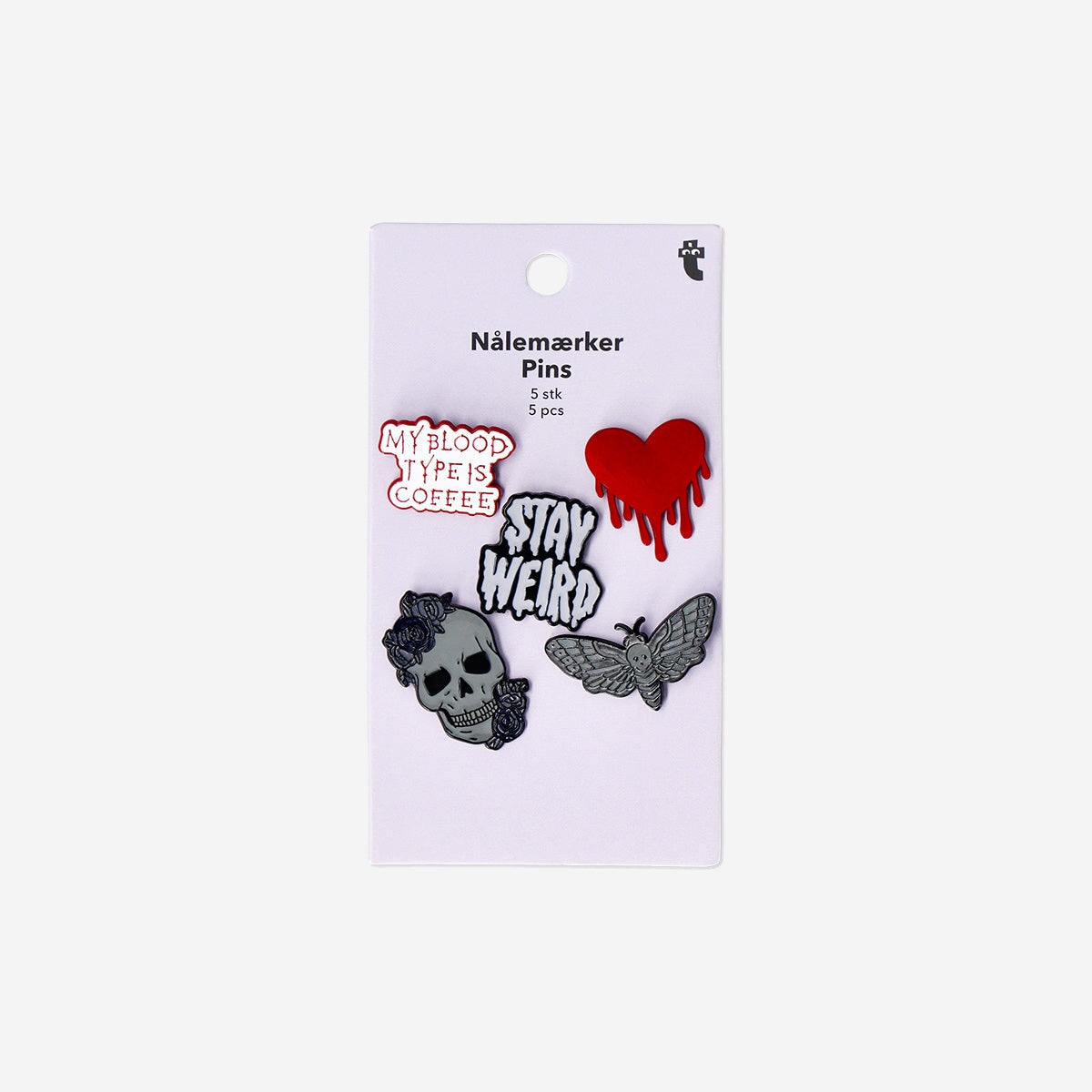 Set of five Gothic clothing pins from Flying Tiger Copenhagen, textile accessories with dark, stylish designs for clothing embellishment.