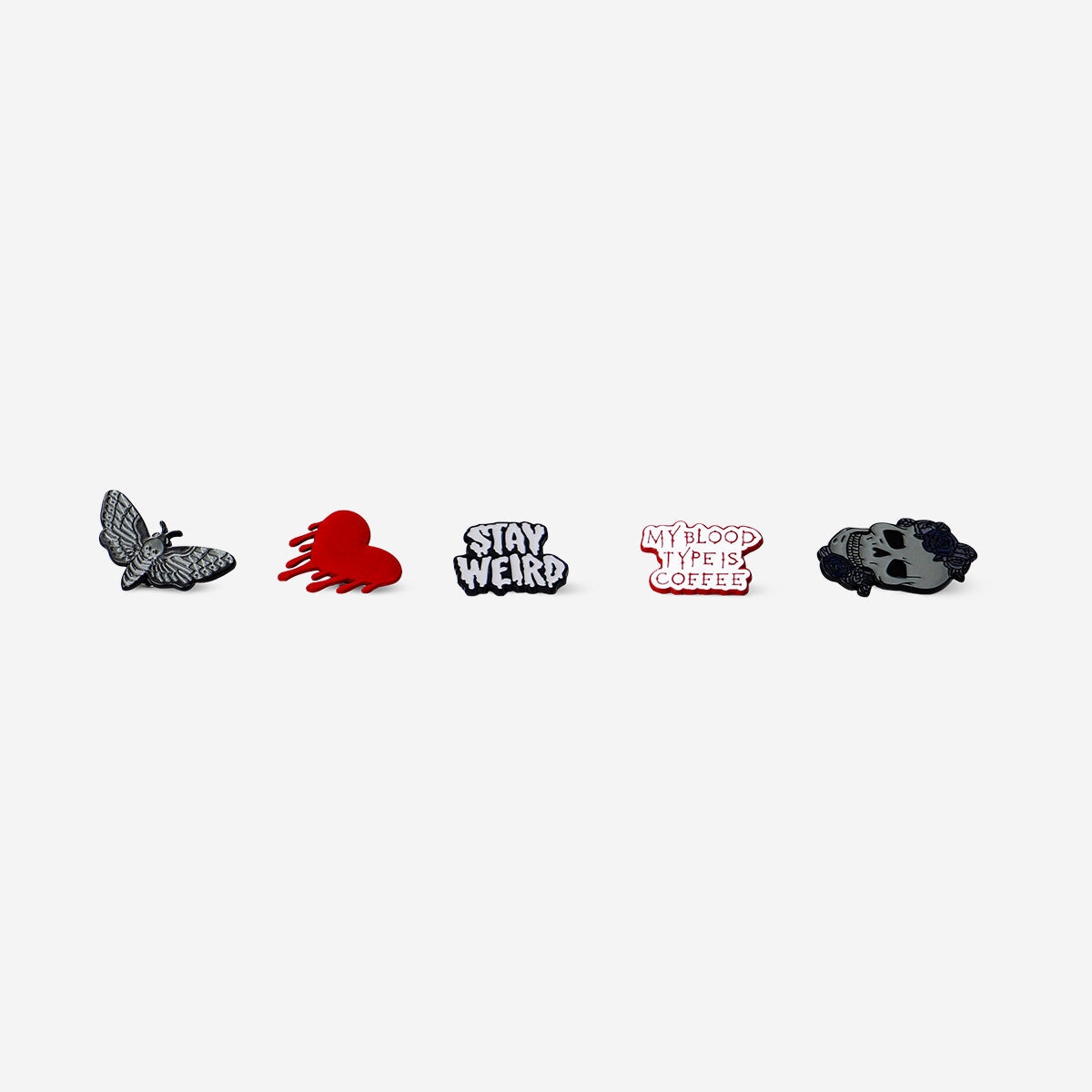 Set of 5 Gothic clothing pins for textiles, featuring dark, gothic-themed designs from Flying Tiger Copenhagen.