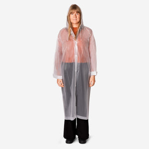 Adult rain coat by Flying Tiger Copenhagen, lightweight textile raincoat in one size, suitable for wet weather protection.