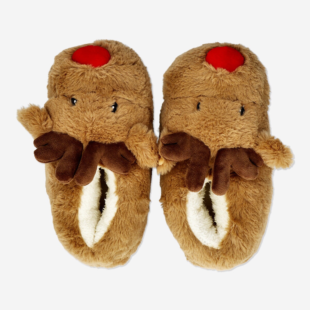 Textile reindeer slippers in size 36/37 from Flying Tiger Copenhagen, featuring festive reindeer design and soft interior.