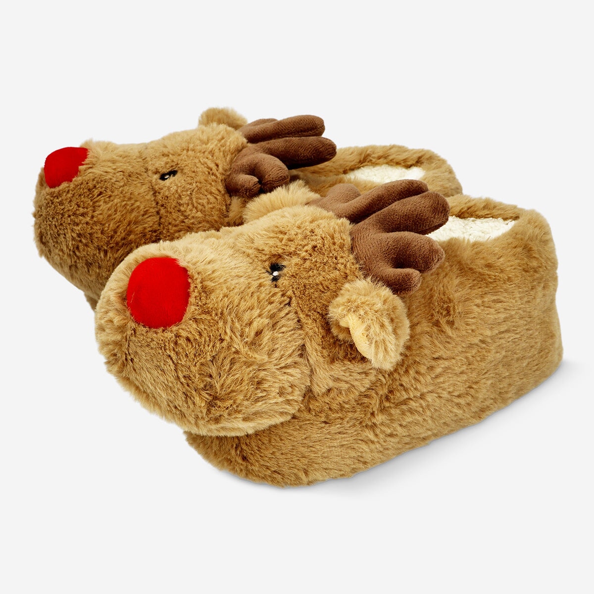Textile reindeer slippers in size 36/37 with festive reindeer design from Flying Tiger Copenhagen.