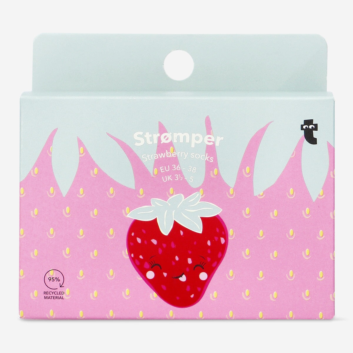 Pair of Flying Tiger Copenhagen strawberry-patterned textile socks in size 36/38, featuring colorful strawberry designs.