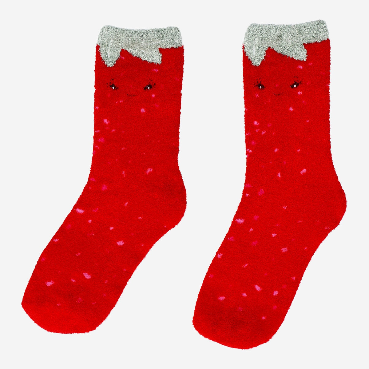 Pair of Flying Tiger Copenhagen strawberry-patterned textile socks in size 36/38, featuring colorful strawberry designs.