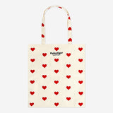 Flying Tiger Copenhagen textile tote bag with red heart pattern, durable fabric and spacious design for everyday use.