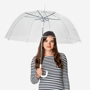 Transparent textile umbrella from Flying Tiger Copenhagen open with clear canopy and black handle visible.