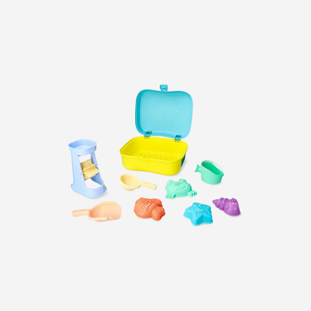 Colorful Flying Tiger Copenhagen backpack filled with sand toys, ideal for outdoor play and beach adventures.