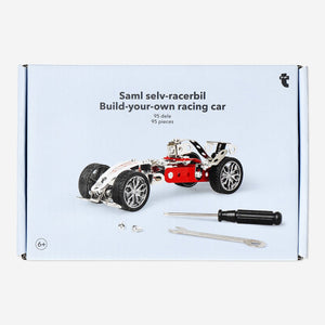 DIY metal racing car toy by Flying Tiger Copenhagen, showing a detailed miniature racing car made of metal and ready for assembly.