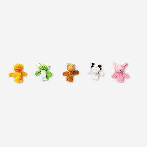 Set of five farm animals finger puppets toy by Flying Tiger Copenhagen featuring colorful, plush animal characters for children.