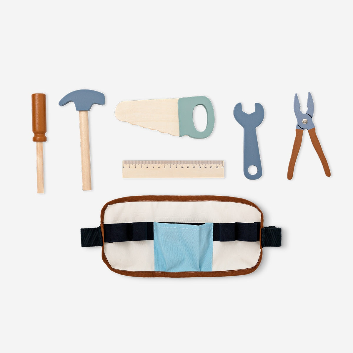 Toy play tool belt by Flying Tiger Copenhagen with 7 colorful plastic tools and a adjustable fabric belt for kids.