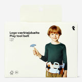 Flying Tiger Copenhagen 7-piece toy play tool belt with colorful plastic tools for kids to wear and pretend play.