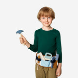 Toy play tool belt by Flying Tiger Copenhagen with seven colorful plastic tools and adjustable belt for kids' pretend play.