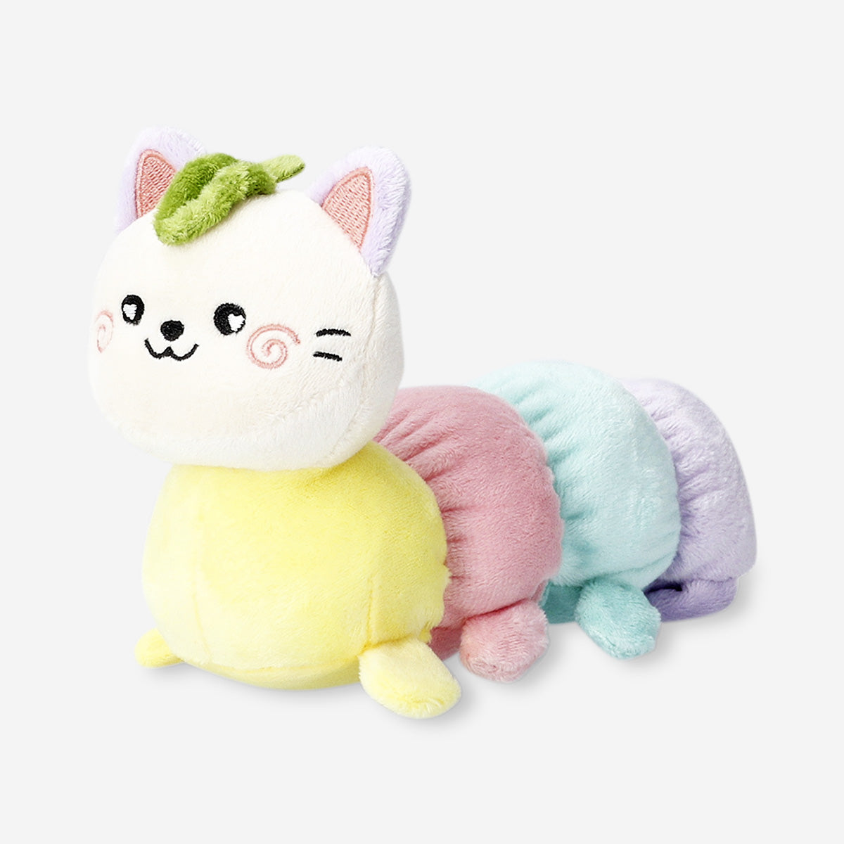 Peluche de gato como oruga de colores