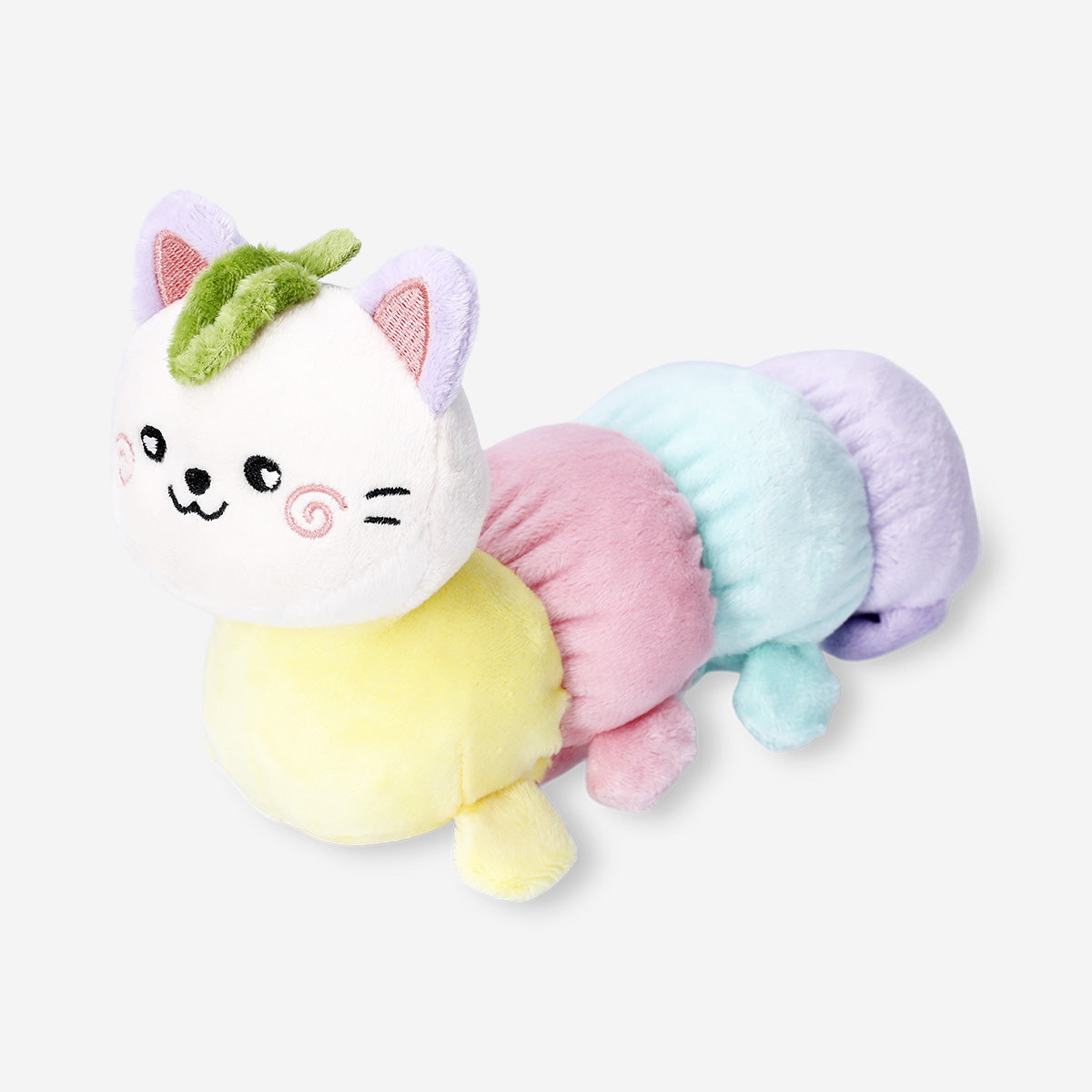 Peluche de gato como oruga de colores