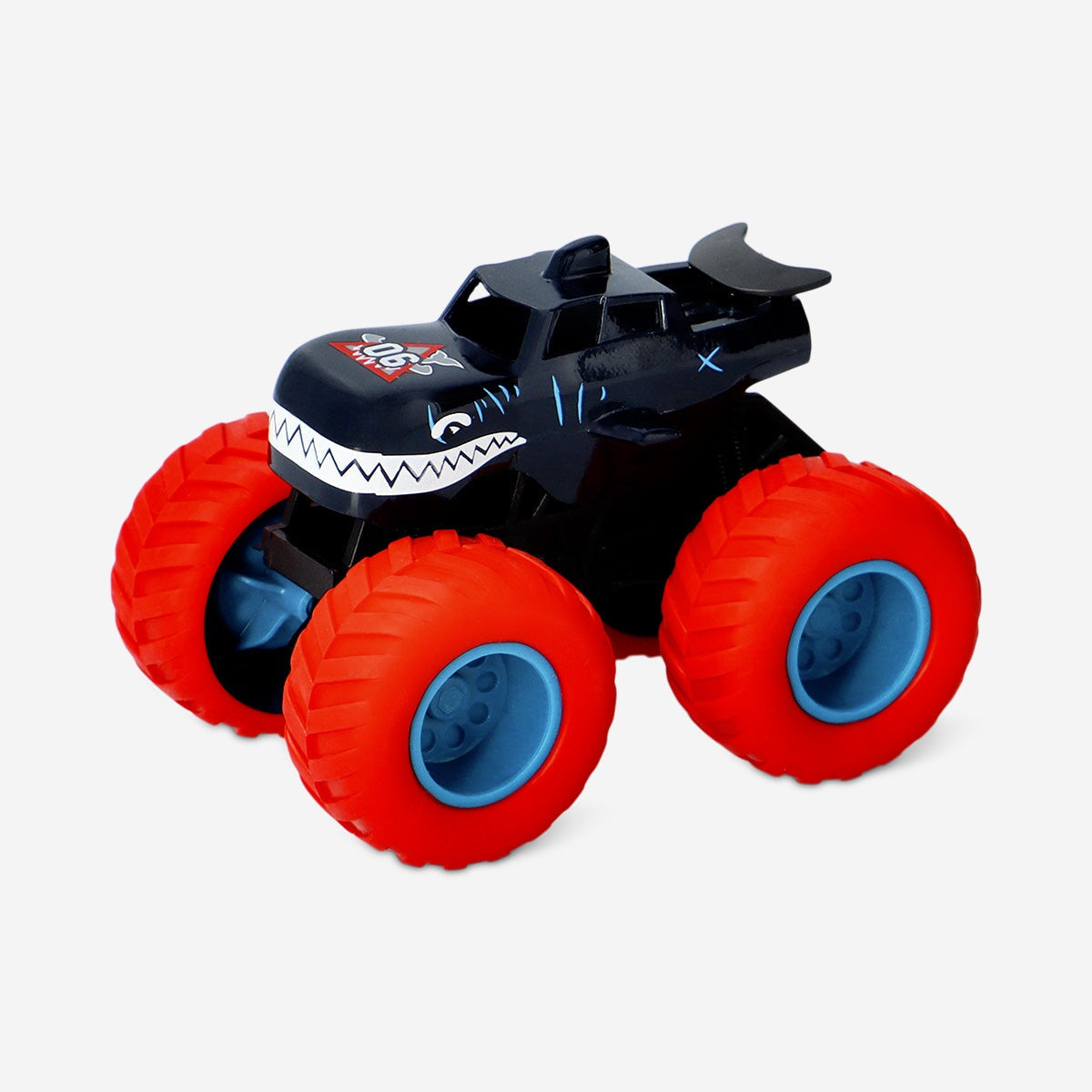 Red Flying Tiger Copenhagen toy monster truck with large wheels and detailed monster face design, perfect for kids' play.