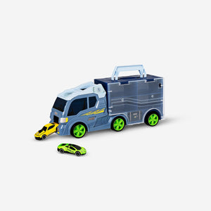 Toy truck with two cars from Flying Tiger Copenhagen, featuring colorful plastic vehicles and detailed design.