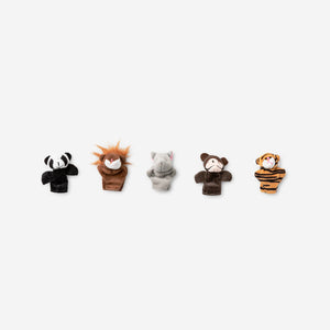 Set of five Flying Tiger Copenhagen wild animals finger puppets, colorful and detailed toy for children.