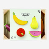 Wooden play fruit basket with four colorful toy fruits from Flying Tiger Copenhagen, ideal for children's imaginative play.
