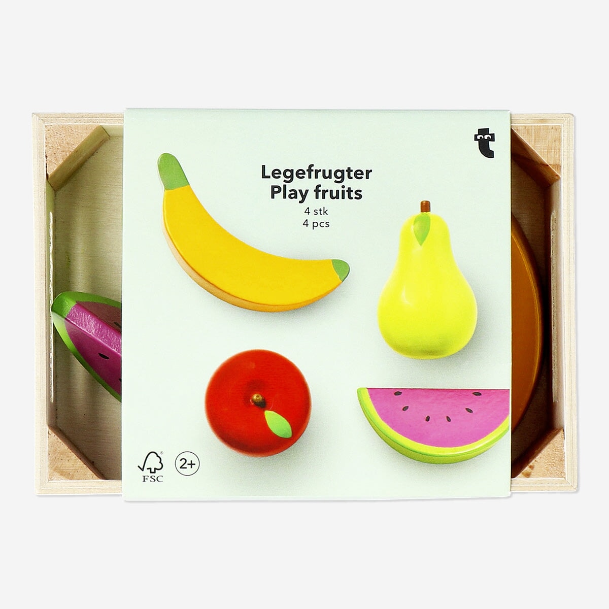 Wooden play fruit basket with four colorful toy fruits from Flying Tiger Copenhagen, ideal for children's imaginative play.