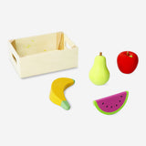 Wooden play basket of fruits toy set with four pieces from Flying Tiger Copenhagen, featuring colorful wooden fruit toys.
