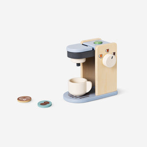 Wooden toy coffee maker from Flying Tiger Copenhagen, with realistic play coffee cups and brewing accessories for children.