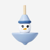 Wooden spinning top toy featuring a snowman design from Flying Tiger Copenhagen, crafted from smooth wood with colorful details.