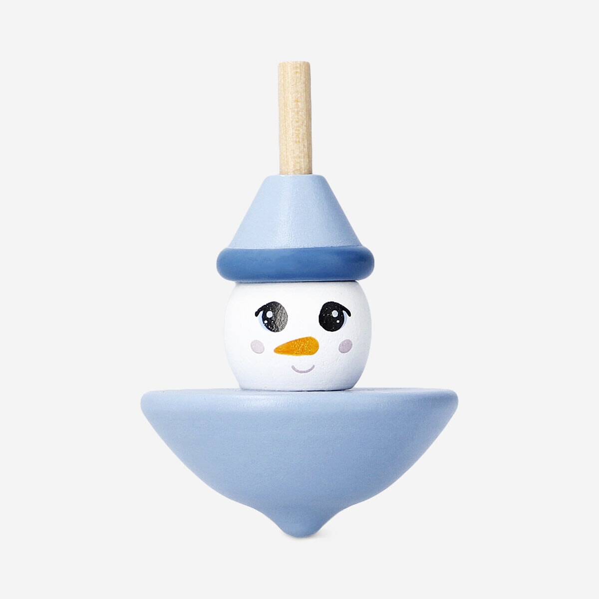 Wooden spinning top toy featuring a snowman design from Flying Tiger Copenhagen, crafted from smooth wood with colorful details.
