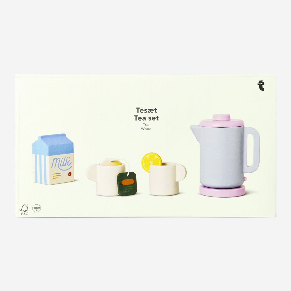Wooden toy tea set with 8 pieces from Flying Tiger Copenhagen, includes teapot, cups, and accessories for pretend play.
