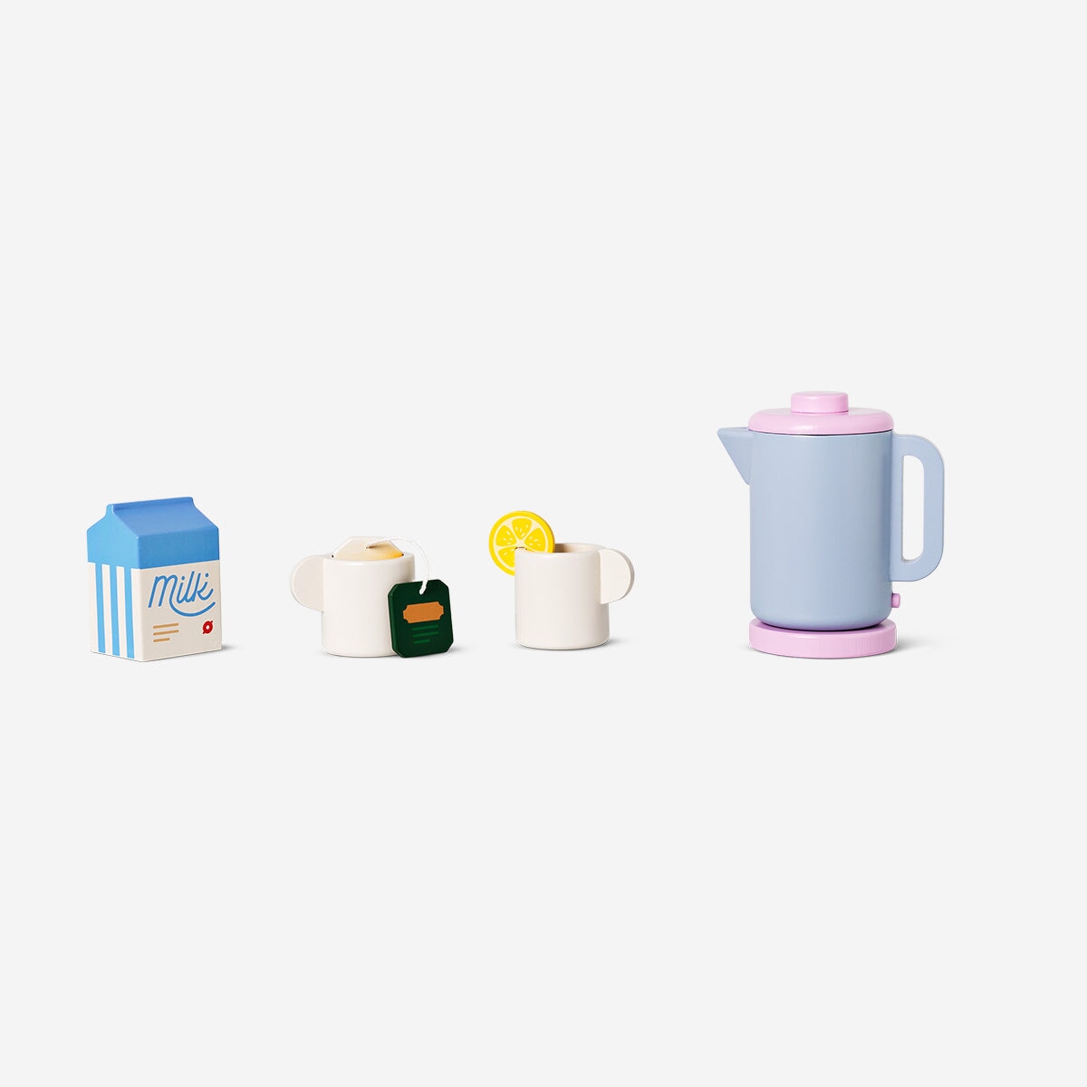 Colorful wooden toy tea set with 8 pieces from Flying Tiger Copenhagen, including cups, teapot, and accessories for imaginative play.