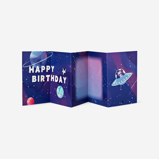 Aufklappbare Geburtstagskarte mit Umschlag. Thema Weltraum