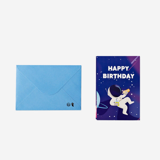Aufklappbare Geburtstagskarte mit Umschlag. Thema Weltraum