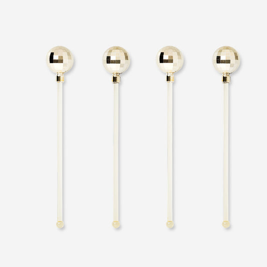 Gold disco ball drink stirrers - 4 pcs