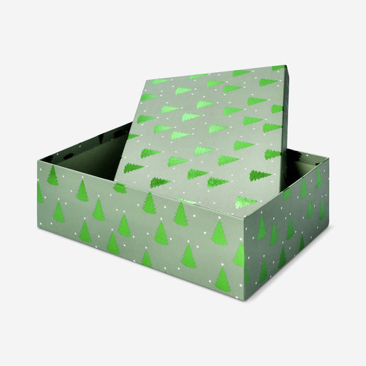 Green gift box with Christmas trees - 15 cm