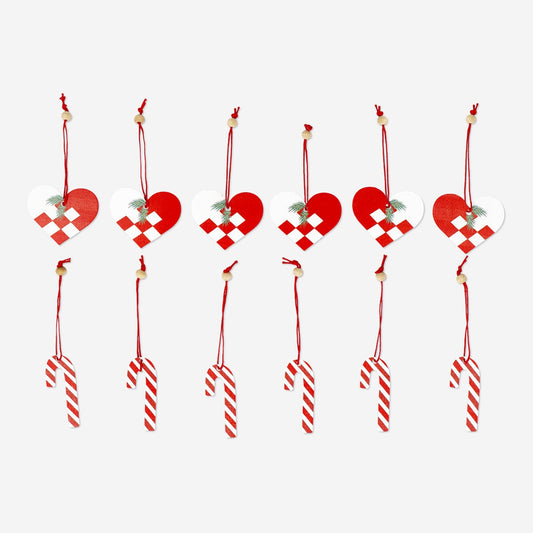 Hanging heart and candy cane ornaments - 12 pcs